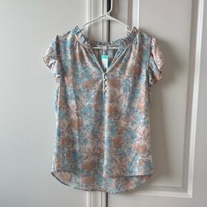 41 Hawthorn Blue and Tan Floral Blouse
